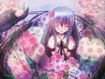  blue_hair blush closed_eyes flower hair_flower hair_ornament hinanawi_tenshi long_hair non_(nobu) solo touhou 