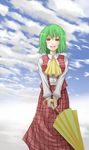  ascot bad_id bad_pixiv_id blush closed_umbrella cloud day green_hair hane_(hanegoya) kazami_yuuka open_mouth plaid plaid_skirt plaid_vest red_eyes short_hair skirt skirt_set sky smile solo standing touhou umbrella vest 