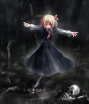  bad_id bad_pixiv_id blonde_hair bone cross fang hair_ribbon highres necktie outstretched_arms rain red_eyes ribbon rumia short_hair skull solo spread_arms touhou usuki_(graygreed) 