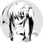  ahoge bikini blush bow greyscale hair_bow kodamasawa_izumi long_hair looking_at_viewer monochrome shakugan_no_shana shana solo spoken_squiggle squiggle swimsuit twintails 