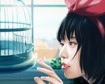  bad_id bad_pixiv_id birdcage black_hair bow brown_eyes cage hair_bow kiki luminousgrapes majo_no_takkyuubin realistic short_hair solo 