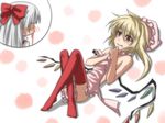  apron bad_id bad_pixiv_id blonde_hair blood blush bow fang flandre_scarlet fujiwara_no_mokou hair_bow hat lying multiple_girls naked_apron nosebleed on_back red_eyes red_legwear tacho thighhighs touhou wings 