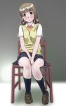  bad_id bad_pixiv_id blush brown_hair chair copyright_request full_body highres legs long_hair nemiosu school_uniform sitting skirt socks solo sweater yellow_eyes 