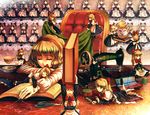  alice_margatroid blanket blonde_hair book cup doll nemuo sewing_machine shanghai_doll short_hair sleeping solo stretch teacup touhou yawning 