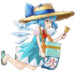  alternate_hairstyle ascot barefoot bell blue_dress blue_eyes blue_hair bow box cirno dress flying full_body hair_bow hat ice sandals short_hair solo straw_hat sun_hat sweat takahashi_note touhou transparent_background twintails wings 