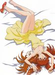  absurdres artist_request barefoot breasts cleavage dress feet highres legs long_hair lying medium_breasts neon_genesis_evangelion no_bra red_hair scan shoe_dangle shoes single_shoe solo souryuu_asuka_langley toes yellow_dress 