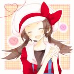  amamiya_kabosu brown_hair closed_eyes hands_clasped hat hat_ribbon heart heart_of_string kotone_(pokemon) long_hair lowres own_hands_together pokemon pokemon_(game) pokemon_hgss red_ribbon ribbon simple_background smile solo unbuttoned 