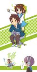  2girls bad_id bad_pixiv_id brown_hair bunny_headphones chair headphones kita_high_school_uniform kyon moffunnyo multiple_girls nagato_yuki school_uniform spinning suzumiya_haruhi suzumiya_haruhi-chan_no_yuuutsu suzumiya_haruhi_no_yuuutsu 