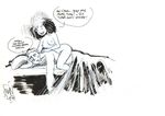  1girl after_sex bed bed_sheet breasts english facepalm greyscale hand_on_own_face large_breasts lying magneto monochrome non-web_source nude on_stomach pillow rogue_(x-men) signature sketch speech_bubble straddling text_focus tired white_background x-men 