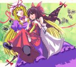  2mm bad_id bad_pixiv_id bare_shoulders blonde_hair blush brown_hair carrying detached_sleeves gap hakurei_reimu multiple_girls touhou yakumo_yukari yuri 