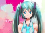  agata_no_michi aqua_hair blue_eyes hatsune_miku headphones headset long_hair microphone necktie solo twintails vocaloid 