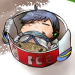  :&lt; agata_no_michi blue_hair chibi closed_eyes food headset ice_cream in_container kaito lowres lying male_focus on_back scarf sleeping solo vocaloid 