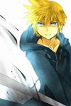  black_coat_(kingdom_hearts) blonde_hair blue_eyes hood hoodie kingdom_hearts kingdom_hearts_358/2_days male_focus meru motion_blur organization_xiii roxas solo sword weapon zipper 