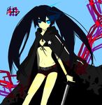  bad_id bad_pixiv_id bikini_top black_hair black_rock_shooter black_rock_shooter_(character) blue_eyes burning_eye long_hair midriff nntn shorts solo sword twintails weapon 