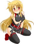  bare_shoulders belt blonde_hair blush breasts fate_testarossa gloves highres large_breasts lask long_hair lyrical_nanoha mahou_shoujo_lyrical_nanoha_strikers red_eyes solo thighhighs 