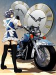  bad_id bad_pixiv_id blue_eyes clock gloves ground_vehicle hairband highres izayoi_sakuya kikukawa_norihiko knife motor_vehicle motorcycle short_hair silver_hair solo thighhighs touhou 