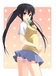  black_hair food ice_cream k-on! licking nakano_azusa nishikawa_ari panties pantyshot school_uniform solo striped striped_panties sweater_vest tongue twintails underwear 