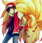  bad_id bad_pixiv_id baseball_cap black_hair dada_(dolce) denim fingerless_gloves frown fur gloves hat head_tilt jeans male_focus multiple_tails ninetales open_clothes open_shirt pants pixiv_red pokemon pokemon_(creature) pokemon_(game) red_(pokemon) red_eyes shirt simple_background tail 