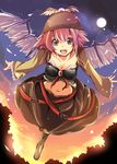  :d alternate_costume boots breasts cleavage fang flying full_moon hat large_breasts maturiuta_sorato midriff moon mystia_lorelei navel open_mouth pink_eyes pink_hair short_hair smile solo touhou wings 