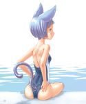  animal_ears ass backless_outfit bare_back blue_eyes blue_hair cat_ears cat_tail competition_swimsuit dimples_of_venus hands_on_hips one-piece_swimsuit original pool poolside profile short_hair signature single_vertical_stripe sitting soaking_feet solo swimsuit tail uni_tenten water wet 