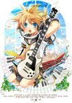  bird blonde_hair blue_eyes book character_name english guitar headphones hekicha highres instrument kagamine_len kneeling male_focus musical_note shorts solo vocaloid 