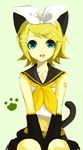  animal_ears bad_id bad_pixiv_id blonde_hair blue_eyes cat_ears cat_tail hair_ornament hair_ribbon hairclip kagamine_rin midriff nntn ribbon short_hair shorts solo tail vocaloid 