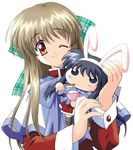  2girls animal_ears bow bowl bunny_ears capelet checkered checkered_bow chibi chopsticks hair_bow holding kanon kawasumi_mai kurata_sayuri minigirl multiple_girls non-web_source one_eye_closed red_eyes ribbon sakana school_uniform white_background 