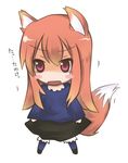  animal_ears bad_id bad_pixiv_id blush brown_hair chibi dress holo komaki long_hair lowres open_mouth red_eyes skirt solo spice_and_wolf tail tears wolf_ears 