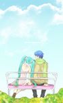  1girl aqua_hair bad_id bad_pixiv_id bare_shoulders bench blue_eyes couple from_behind green_scarf hatsune_miku hetero holding_hands kaito long_hair scarf short_hair sitting twintails vocaloid wani_(mezo) 