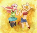  :d alternate_costume arm_up bad_id bad_pixiv_id bare_shoulders blonde_hair blue_eyes contemporary denim denim_skirt galaxy_angel grey_legwear holding_hands jumping legs long_hair midair midriff milfeulle_sakuraba multiple_girls navel nyama open_mouth outstretched_hand pencil_skirt pink_hair ranpha_franboise sandals shorts skirt smile strapless thighhighs tubetop yellow_eyes zettai_ryouiki 