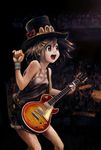  absurdres brown_eyes brown_hair denim denim_shorts guitar hair_ornament hairclip hat highres hirasawa_yui instrument jeli k-on! open_mouth plectrum round_teeth short_hair shorts solo teeth 