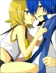  1girl bad_id bad_pixiv_id blonde_hair blue_eyes blue_hair blue_scarf kagamine_rin kaito nntn scarf simple_background sweat trembling vocaloid 