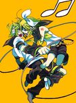  1girl bad_id bad_pixiv_id belt blonde_hair brother_and_sister cable closed_eyes hair_ornament hair_ribbon hairclip headphones kagamine_len kagamine_rin messy_hair midriff musical_note necktie open_mouth ribbon short_hair siblings simple_background tagu twins vocaloid 