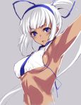  armpits blue_eyes breasts hair_ribbon hairband halter_top halterneck highres kawata_hisashi large_breasts long_hair majikina_mina midriff ponytail ribbon samurai_spirits sideboob snk solo underboob very_long_hair white_hair 