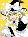  :o apron bangs black_eyes black_hat black_skirt black_vest blonde_hair bloomers bow braid hair_bow hand_on_headwear hat hat_bow kirisame_marisa long_hair looking_at_viewer open_mouth shirt shishi short_sleeves single_braid skirt solo star sweatdrop touhou underwear vest waist_apron white_apron white_bow white_shirt witch_hat yellow_background 