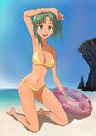  armpits barefoot beach bikini day green_eyes green_hair innertube motsu_rebaa ocean original outdoors short_hair smile solo swimsuit 