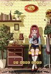  bag blue_eyes book clock cup drinking english floral_print glasses hairband hat kneehighs lamp legs long_hair mug naka_nohito necktie original plaid radio reading red-framed_eyewear red_hair room scarf school_uniform sitting skirt socks solo sweater_vest 