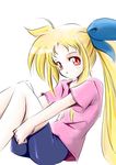  bike_shorts blonde_hair blush child fate_testarossa hair_ribbon jason_(kaiten_kussaku_kikou) long_hair lyrical_nanoha mahou_shoujo_lyrical_nanoha red_eyes ribbon shirt shorts solo t-shirt 