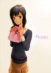  black_hair brown_eyes gift gift_bag happy_valentine holding holding_gift original shiika_sadamasa skirt solo valentine 