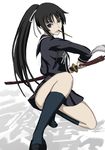  black_hair food ga-rei ga-rei_zero hei_(heiyohei) isayama_yomi katana kneehighs long_hair pocky ponytail purple_eyes ready_to_draw school_uniform serafuku sheath sheathed shoes skirt socks solo sword weapon 