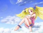  anklet barefoot blonde_hair cloud day dress fate_testarossa feet hair_ribbon hair_wings jason_(kaiten_kussaku_kikou) jewelry long_hair lyrical_nanoha mahou_shoujo_lyrical_nanoha red_eyes ribbon sky smile solo twintails wings 