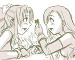  aerith_gainsborough artist_request clover final_fantasy final_fantasy_vii four-leaf_clover long_hair lowres monochrome multiple_girls open_mouth ribbon source_request spot_color tifa_lockhart upper_body 