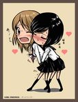  artist_request black_hair blush breast_grab breasts brown_eyes brown_hair chibi crotch_grab girl_friends_(manga) grabbing heart kneehighs kumakura_mariko large_breasts multiple_girls oohashi_akiko open_mouth school_uniform short_hair simple_background skirt socks sweat tears trembling yuri 