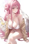  1girl absurdres at_congju bikini blue_archive breasts cleavage hair_bun halo hashtag_only_commentary highres long_hair mika_(blue_archive) open_clothes pink_eyes pink_hair pink_halo pink_nails simple_background sitting solo sweater swimsuit white_background white_bikini wings 