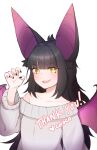  1girl absurdres animal_ears bat_ears bat_girl bat_wings black_hair black_nails chocochocola_(artist) collarbone grey_sweater heart highres indie_virtual_youtuber long_hair moriko_kyoho off_shoulder open_mouth slit_pupils solo sweater thank_you virtual_youtuber wings yellow_eyes 