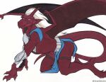 all_fours bottomwear brooklyn_(gargoyles) clothing disney gargoyle gargoyles hair horn humanoid_pointy_ears loincloth looking_back male membrane_(anatomy) membranous_wings red_body solo stray-sketches tail white_hair wings