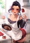  1girl absurdres apron black_hair black_shirt blurry blurry_background breasts chocolate collarbone dark-skinned_female dark_skin earrings gold_earrings heart heart-shaped_pupils highres holding_utensil jewelry kitchen large_breasts lil_noot long_hair looking_at_viewer mascot mixing_bowl mole mole_on_breast mole_under_eye nijisanji nijisanji_en off_shoulder open_mouth pink_eyes plaid plaid_skirt ponytail red_skirt scarle_yonaguni second-party_source shirt sink skirt spatula symbol-shaped_pupils thighhighs valentine virtual_youtuber white_apron 