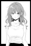  1girl black_border border breasts commentary_request fang greyscale highres inkdaisuki long_hair looking_at_viewer medium_breasts messy_hair monochrome original outside_border parted_lips shirt simple_background sleeveless sleeveless_shirt solo straight-on upper_body white_background 