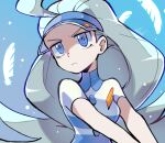  1girl ahoge blue_eyes blue_hair blue_headwear breasts collared_shirt flipped_hair holding kahili_(pokemon) light_blue_hair long_hair medium_breasts mole mole_under_eye pokemon pokemon_sm shirt short_sleeves solo striped_clothes striped_shirt upper_body visor_cap yuusuke-kun 