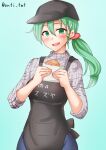  1girl alternate_costume anti_(untea9) apron baseball_cap black_apron black_headwear blue_pants denim employee_uniform food green_background green_eyes green_hair grey_sweater hat highres holding holding_food jeans kantai_collection long_hair low_ponytail open_mouth pants simple_background solo suzuya_(kancolle) sweater uniform 